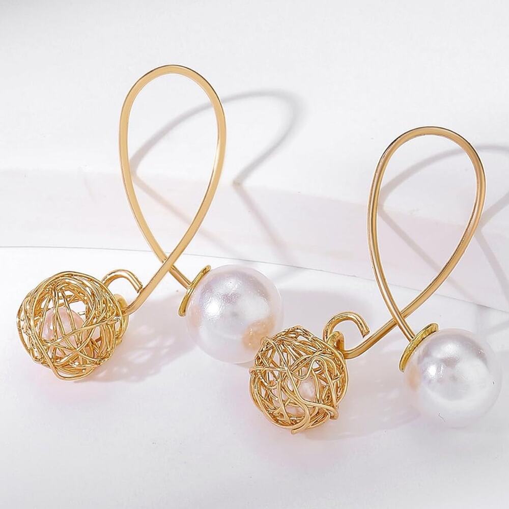 Gold Wire Ball and Pearl Loop Earrings